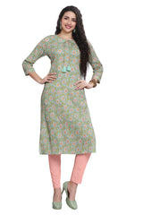 Green Floral Buti Print Straight Cut Kurti with Pintuck Detail