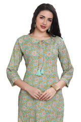 Green Cotton Pintuck Kurti with Floral Buti Print