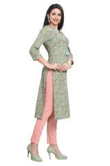 Green Floral Buti Print Straight Cut Kurti with Pintuck Detail