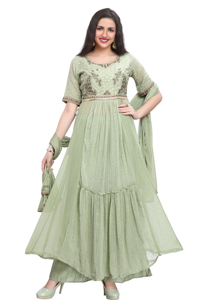 Green Georgette Nyra Cut Kurta Set with Zardozi Embroidery