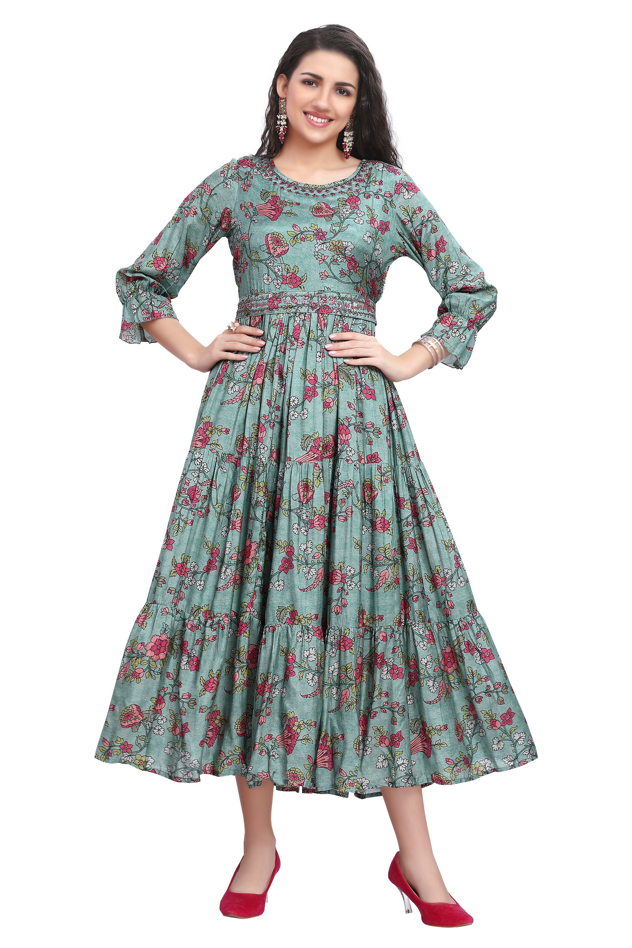 Buy 109F Dresses For Women, One Piece Western Wear, Women's Midi Dress with  V-neck, Geometric Prints, Stylish Full Sleeves, Trendy and Beautiful A-line  Dress for Party, Office, Summer (Green) Online at Best