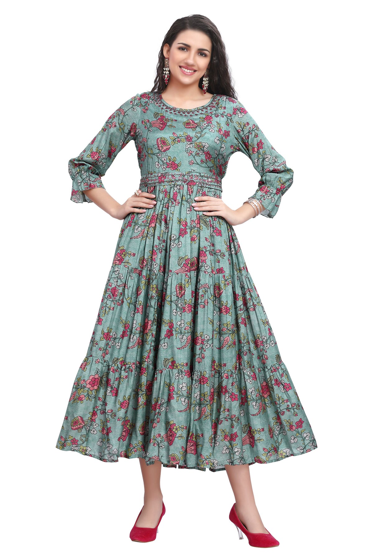 Green Muslin Frock Style kurti with Sequin Work