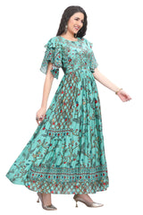 Green Floral One Piece Dress for women with Designer Sleeves