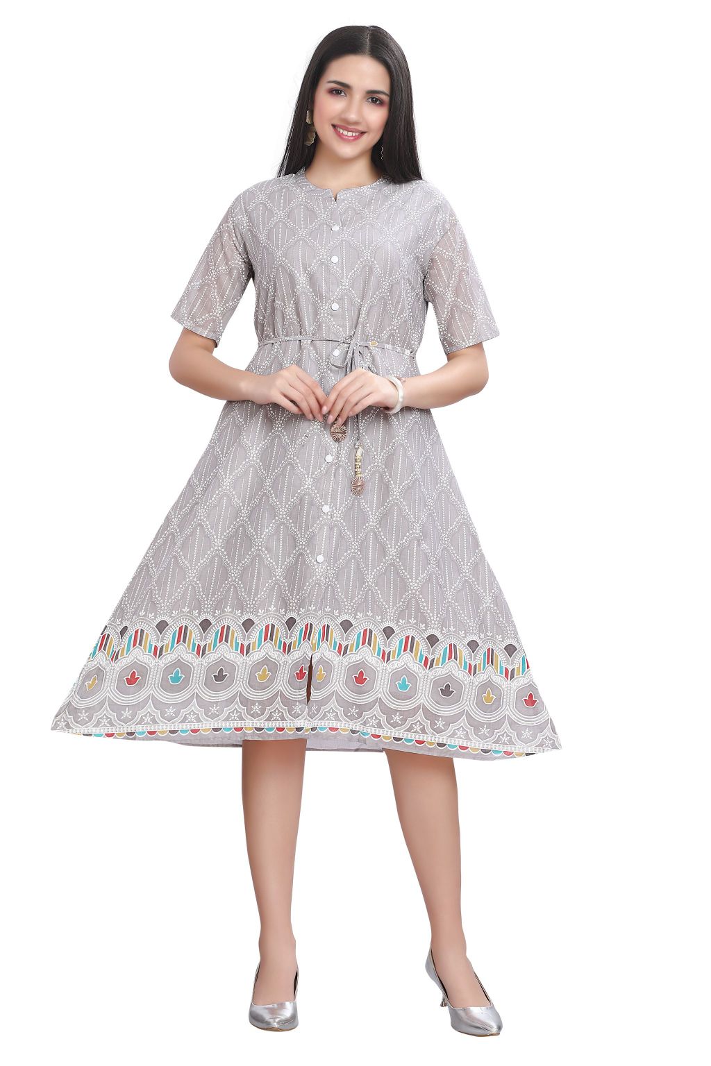 Grey A-Line Kurti for Women with a Dori Belt