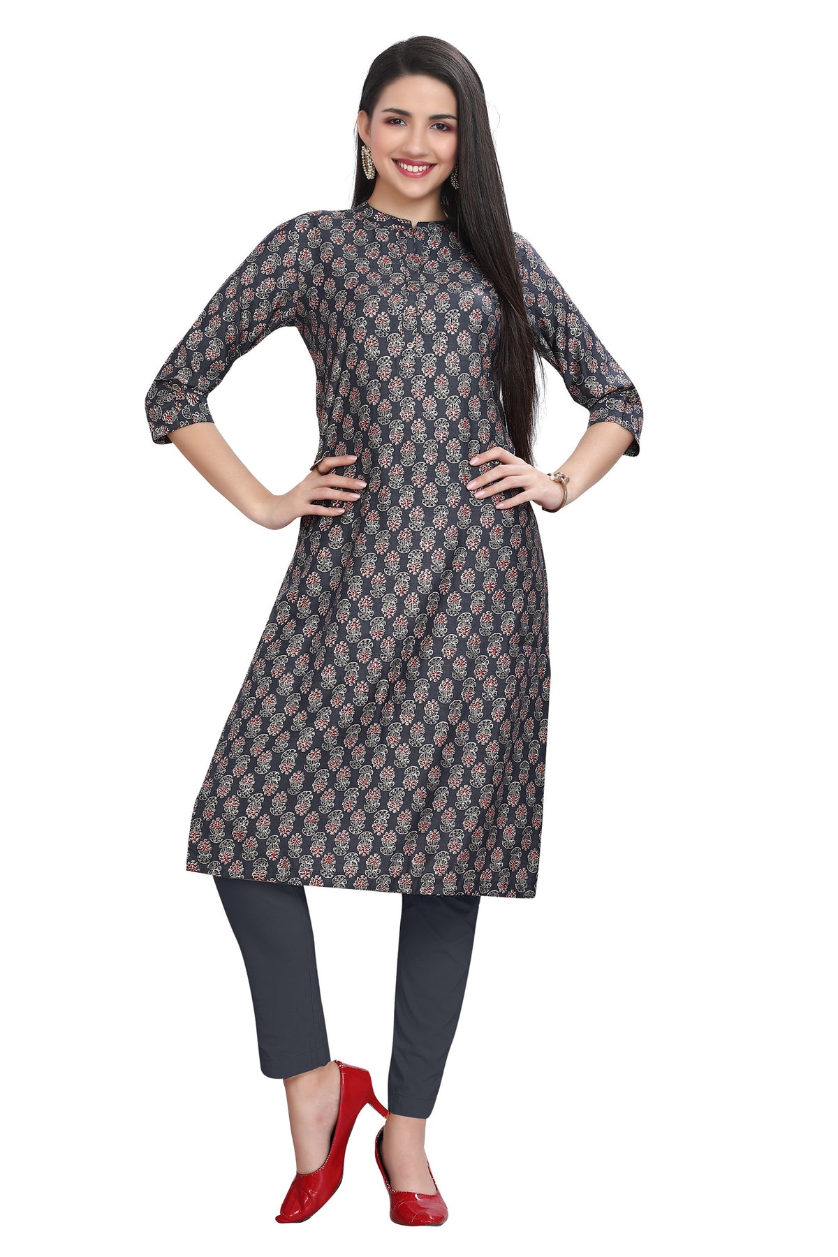 Grey Buti Print Kurti with Gold Foil Highlights