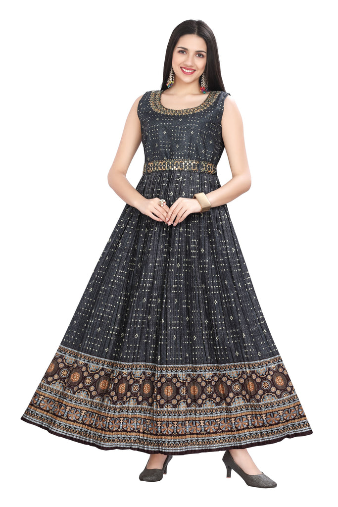 Grey Silk Frock Kurti Bandhani, Sequin, Zari Mirror Belt Grey Silk Frock Kurti Bandhani, Sequin, Zari Mirror Belt