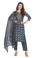 Grey Muslin Kurta Set with Embroidery and Bandhini Print