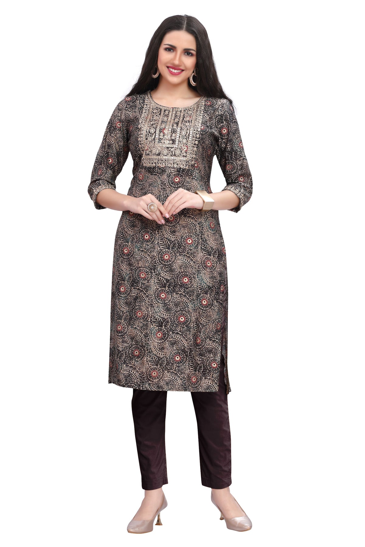 Grey Straight Cut Knee-Length Embroidery Kurti