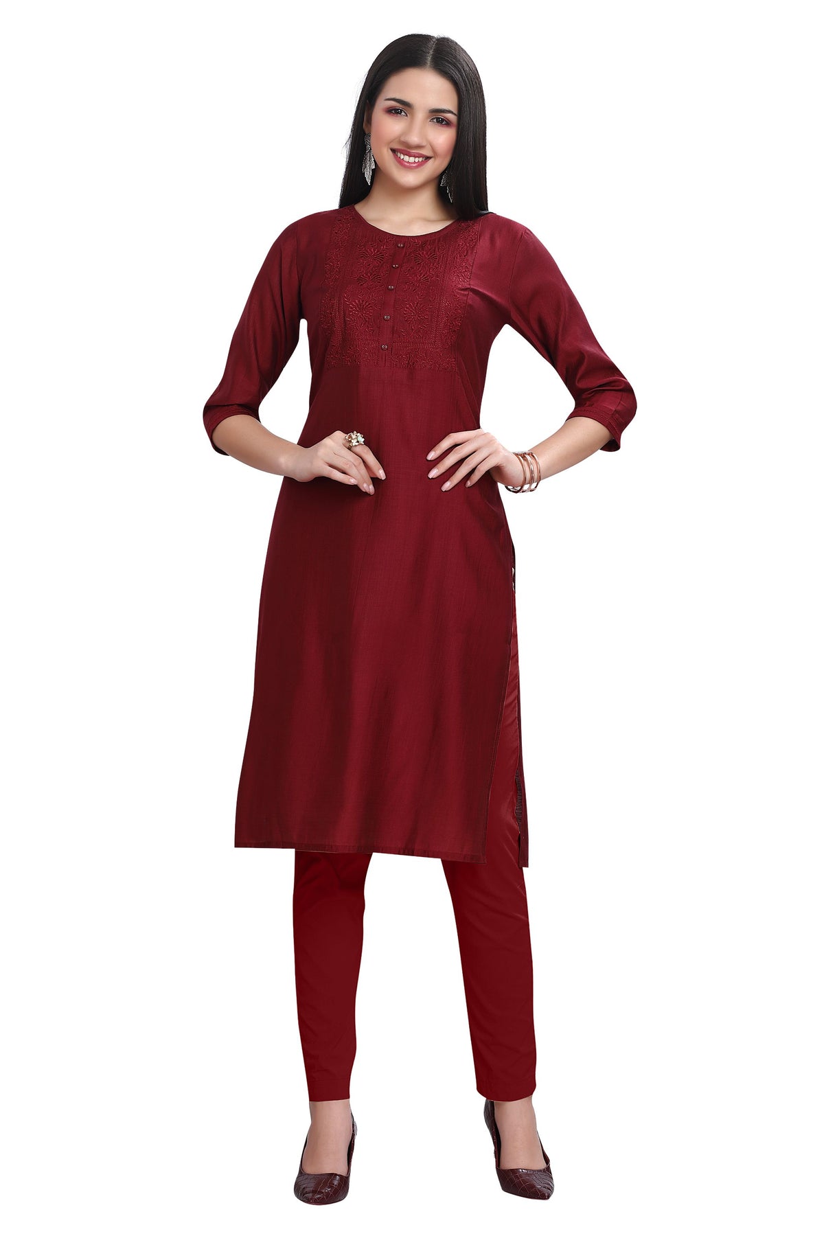 Hand Embroidery highlighting Straight Cut Kurti with Round neck