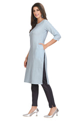 Ice Blue Cotton Knee Length Straight Cut with Chikankari work Kurti for Women