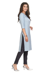 Ice Blue Cotton Knee Length Straight Cut with Chikankari work Kurti for Women