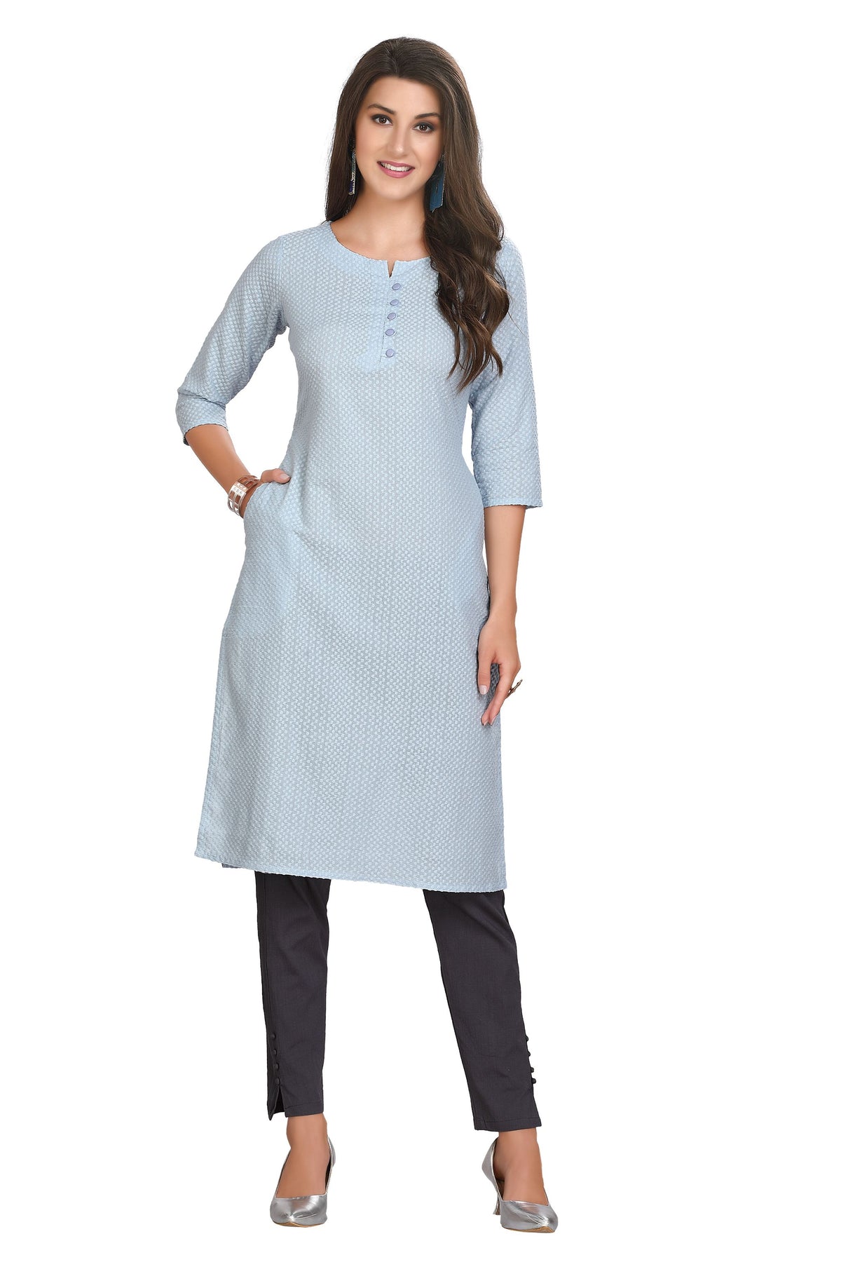 Ice Blue Cotton Knee Length Straight Cut with Chikankari work Kurti for Women