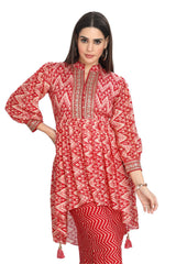 Ikkat Print Asymmetrical Frock Style with Pant and Dori Belt