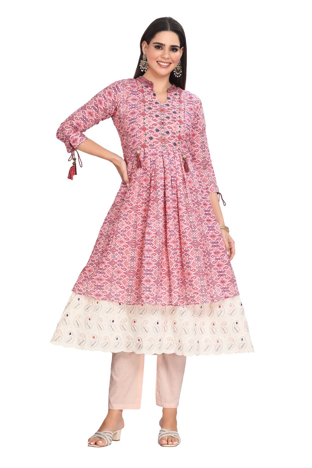 Ikkat Print Chikankari work Indo-Western Style Kurta Set for women