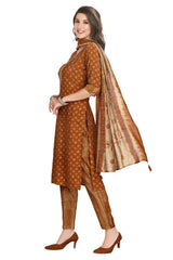 Ikkat Printed Mustard Muslin Kurta Set with Silk Dupatta