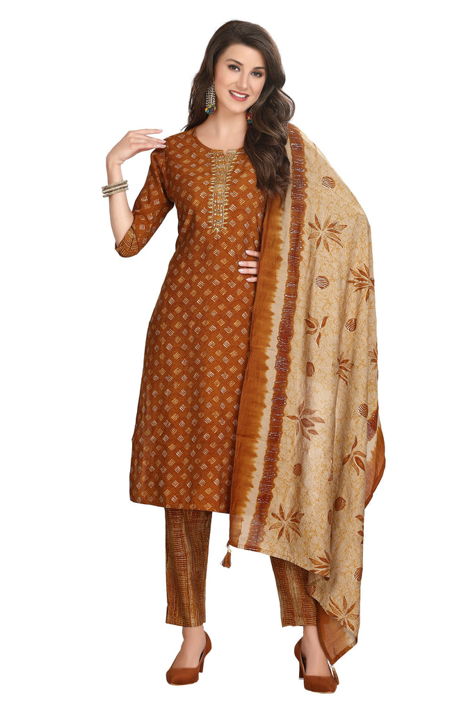 Ikkat Printed Mustard Muslin Kurta Set with Silk Dupatta