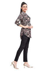 Indo-Western Style Floral Print Mandarin Collar Short Kurti