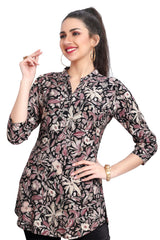 Indo-Western Style Floral Print Mandarin Collar Short Kurti