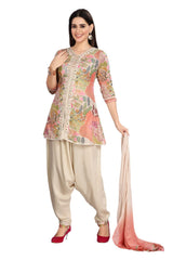 Indo-western Linen Floral Print Kurta Set With Silk Balloon Pants