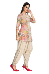 Indo-western Linen Floral Print Kurta Set With Silk Balloon Pants