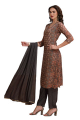 Indo Western Kalamkari Kurta set with Pant and Dupatta Brown