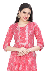 Cotton Nyra Cut Kurta Set with Jaipuri Buti Print and Embroidered Yoke