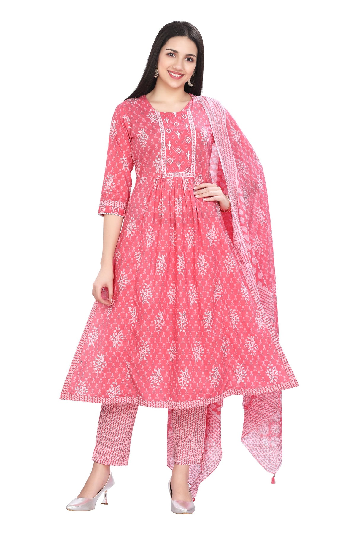 Cotton Nyra Cut Kurta Set with Jaipuri Buti Print and Embroidered Yoke