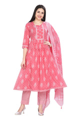 Cotton Nyra Cut Kurta Set with Jaipuri Buti Print and Embroidered Yoke