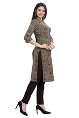 Kalamkari Print Grey Cotton Straight Cut Kurti for Women