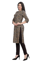 Kalamkari Print Grey Cotton Straight Cut Kurti for Women