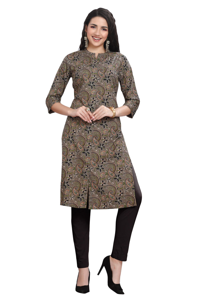 Kalamkari Print Grey Cotton Straight Cut Kurti for Women