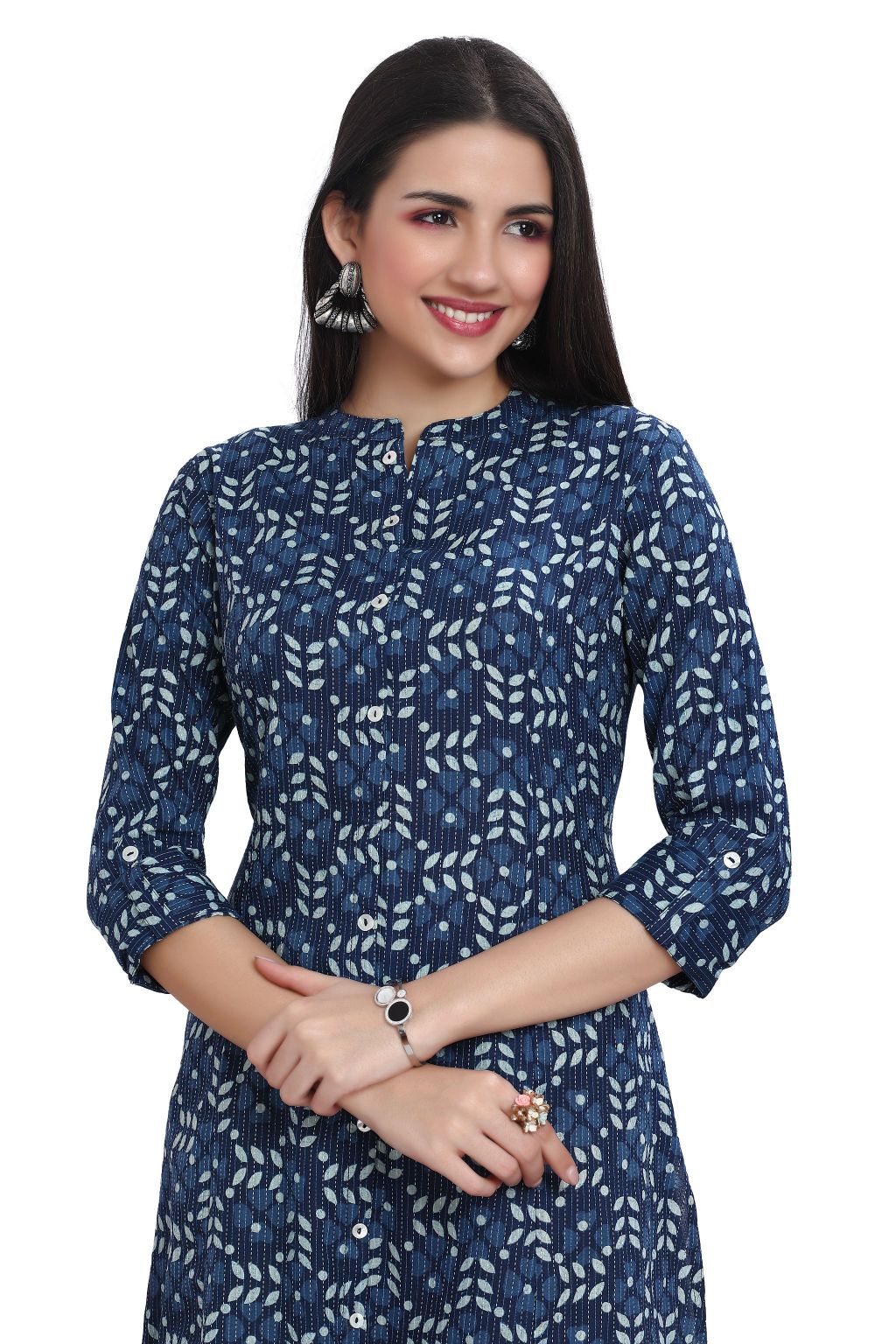 Leaf and Flower Print Cotton A line Kurti for Women