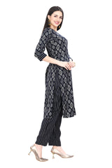 Kurta set for Women with Blue Rayon Ikkat Print and Mirror Work Kurti matching Dupatta and Pant