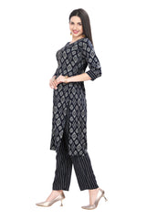 Kurta set for Women with Blue Rayon Ikkat Print and Mirror Work Kurti matching Dupatta and Pant