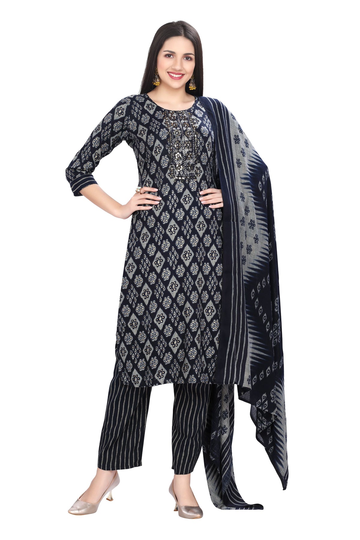 Kurta set for Women with Blue Rayon Ikkat Print and Mirror Work Kurti matching Dupatta and Pant