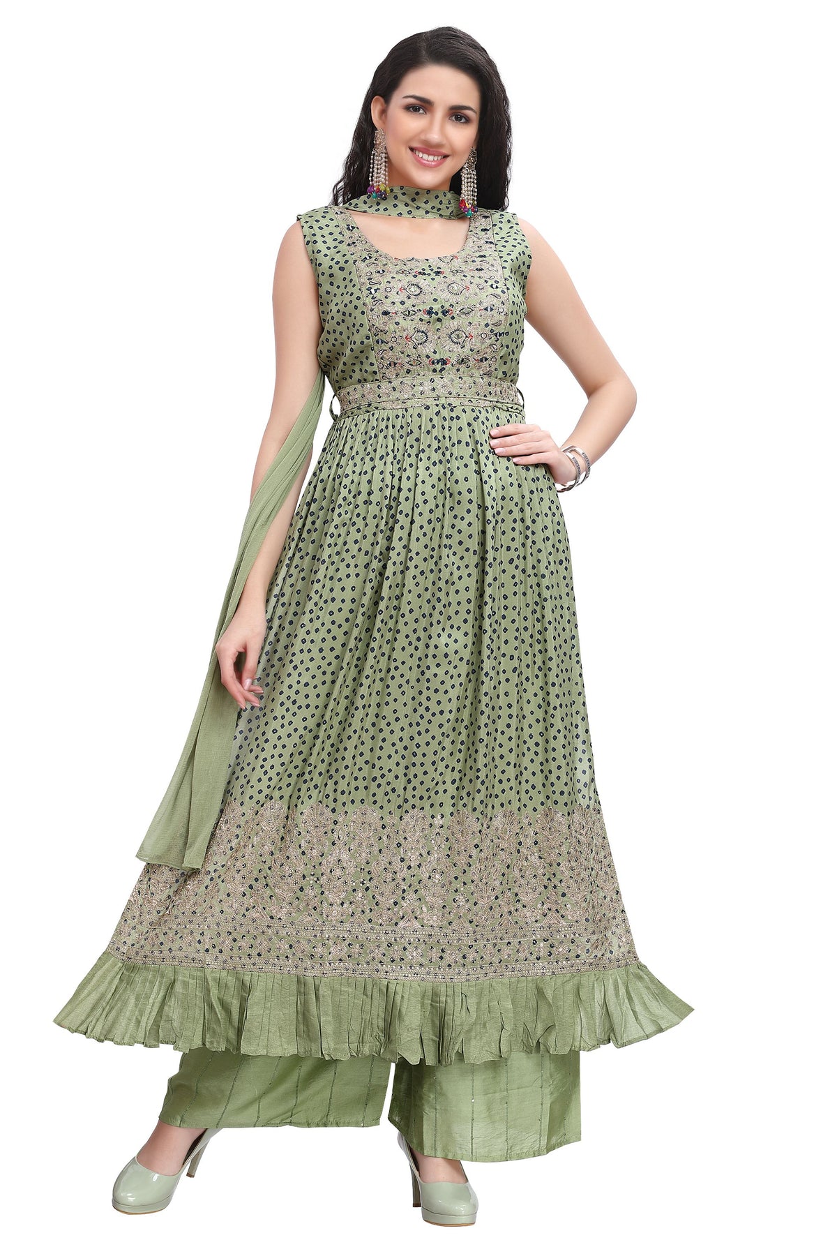 Kurtaset with Nyra Cut Kurti in Bandhani Print Zari and Mirror Work with Sequined Palazzo and Choker Dupatta