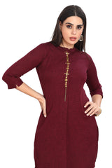 Kurti set for Women in Wine color with Indo Western Shirt style Kurti and Narrow Pants