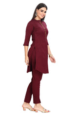 Kurti set for Women in Wine color with Indo Western Shirt style Kurti and Narrow Pants