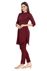 Kurti set for Women in Wine color with Indo Western Shirt style Kurti and Narrow Pants