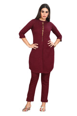 Kurti set for Women in Wine color with Indo Western Shirt style Kurti and Narrow Pants