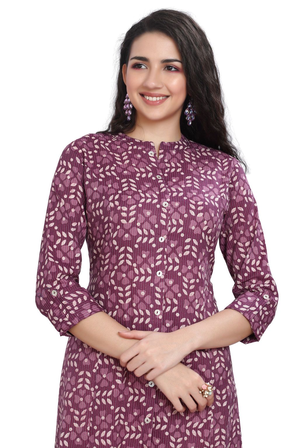 Leaf and Flower Print Cotton A line Kurti for Women