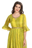 Lemon Green Chiffon Frock Style Kurti for Women with Embroidery and Frill Sleeves