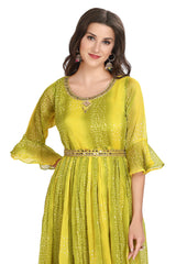 Lemon Green Chiffon Frock Style Kurti for Women with Embroidery and Frill Sleeves