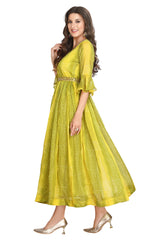 Lemon Green Chiffon Frock Style Kurti for Women with Embroidery and Frill Sleeves