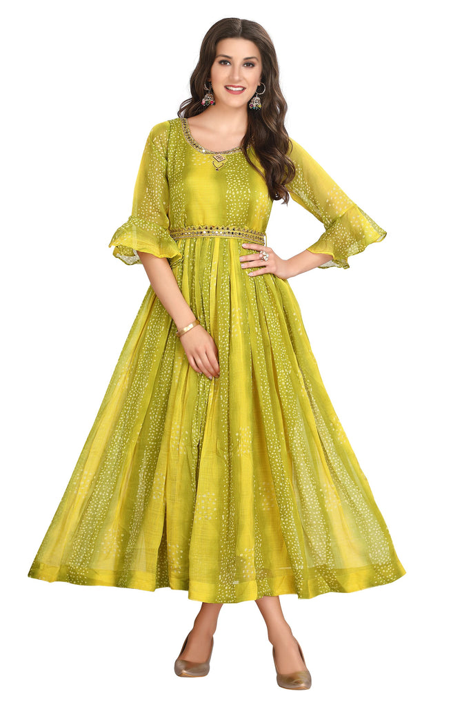 Lemon Green Chiffon Frock Style Kurti for Women with Embroidery and Frill Sleeves