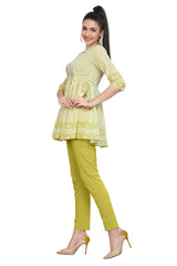 Lemon Green Cotton Frock Style Short Kurti with Embroidered Zari Yoke Perfect for Any Occasion