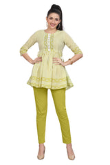 Lemon Green Cotton Frock Style Short Kurti with Embroidered Zari Yoke Perfect for Any Occasion