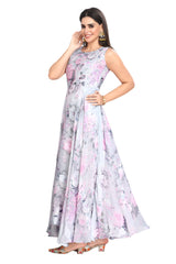 Light Grey Abstract Floral Print Kurti with Embroidered Yoke