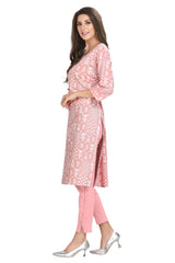 Light Pink Cotton Kurti for Women - Straight Cut with Jaipuri Buti Print