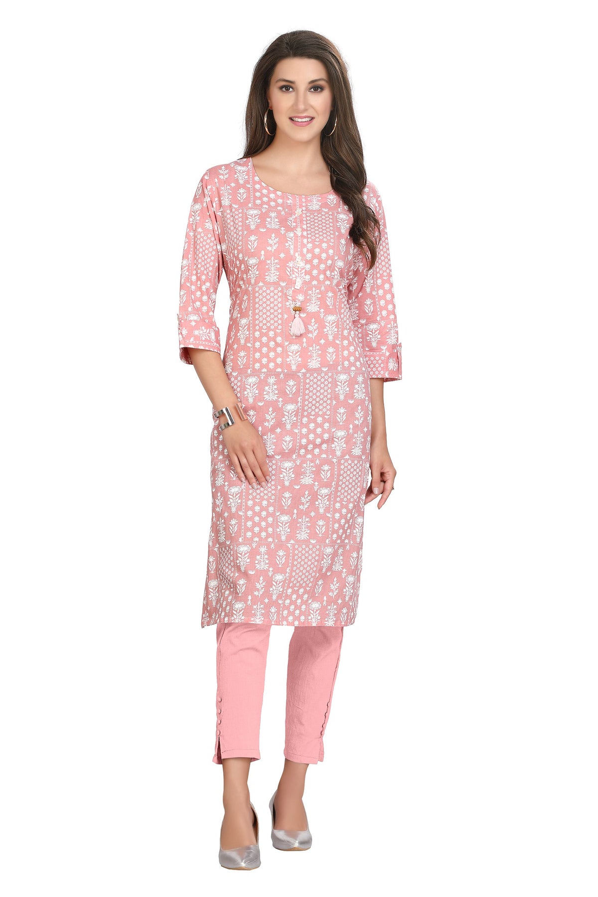 Light Pink Cotton Kurti for Women - Straight Cut with Jaipuri Buti Print